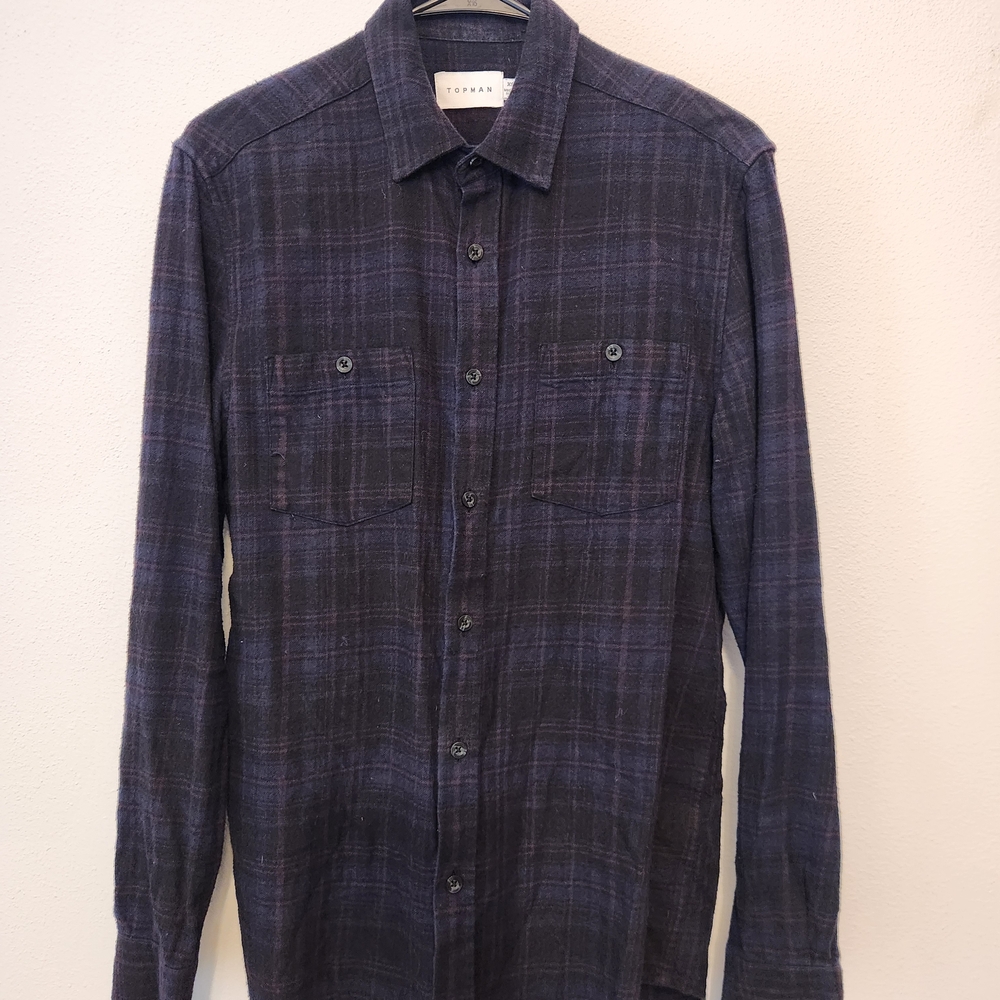 Topman Dark Navy Plaid Button-Down Shirt
